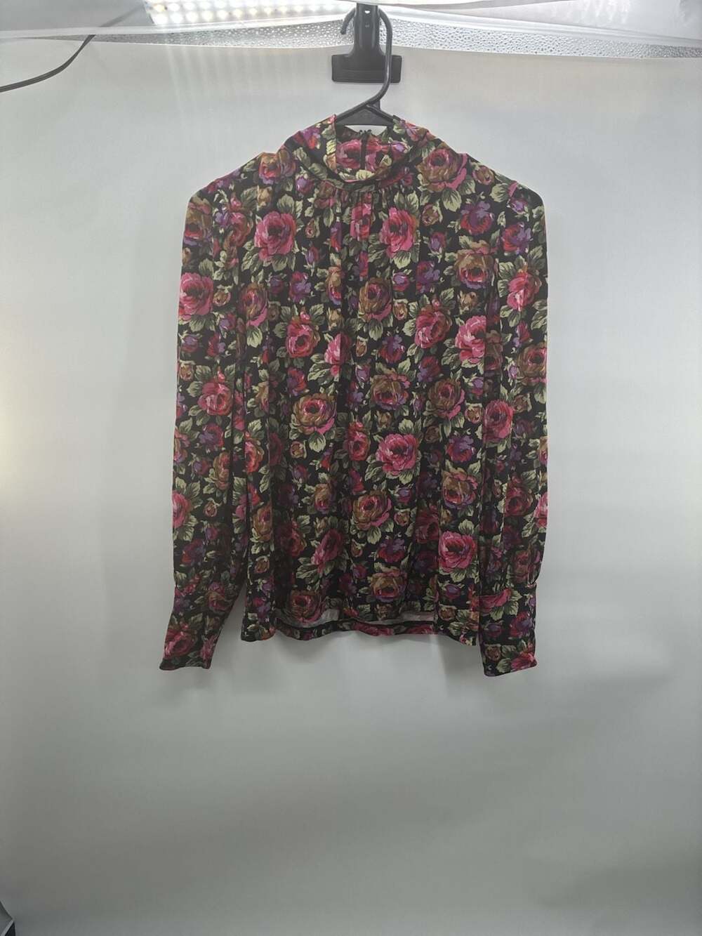 & Other Stories Floral Mock Neck Blouse Size S Black Pink Rose Print Viscose